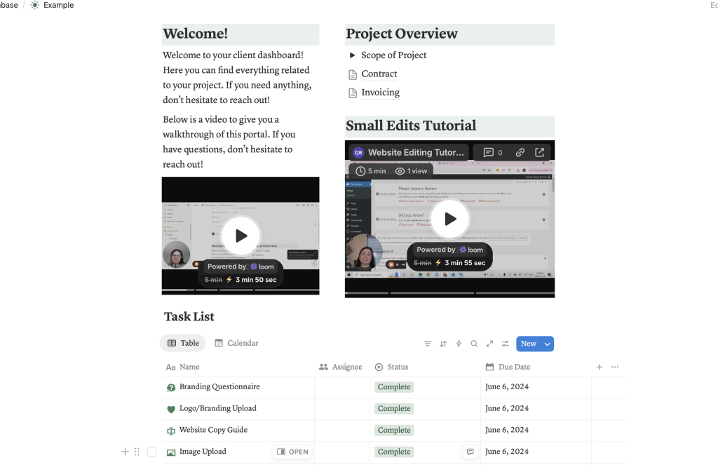 Client dashboard for website project visibility